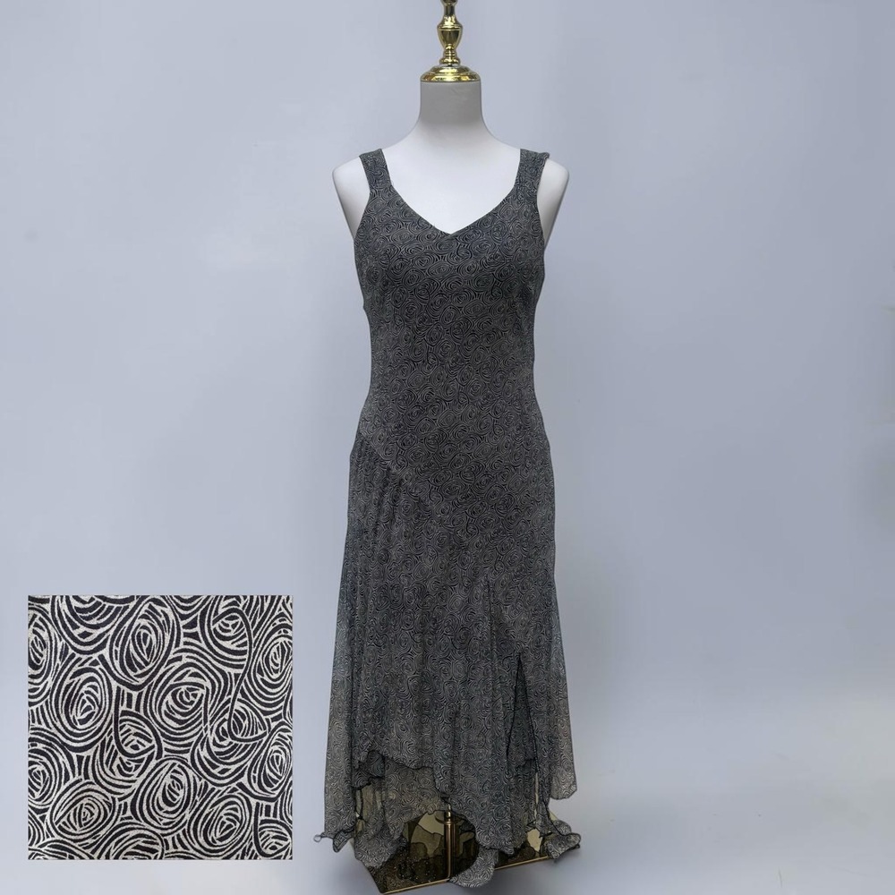 VTG Y2K Silk Midi Dress 10 Tan Black Handkerchief Grunge Whimsigoth Romantic